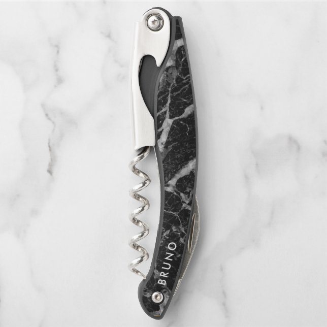 Luxus-Schwarz & Grau Faux-Marmor-Monogramm Kellnermesser (Vorderseite)