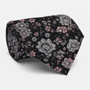 Luxus Schwarz Pink Vintage Metallisch Silber Blume Krawatte