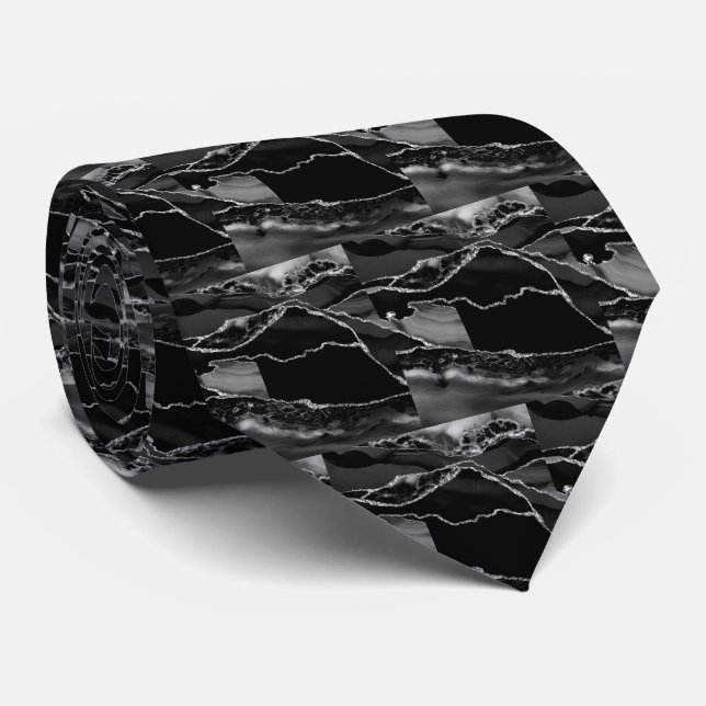 Luxus-Schwarz-Silber-Faux-Glitter-Faux-Seide Krawatte (Gerollt)
