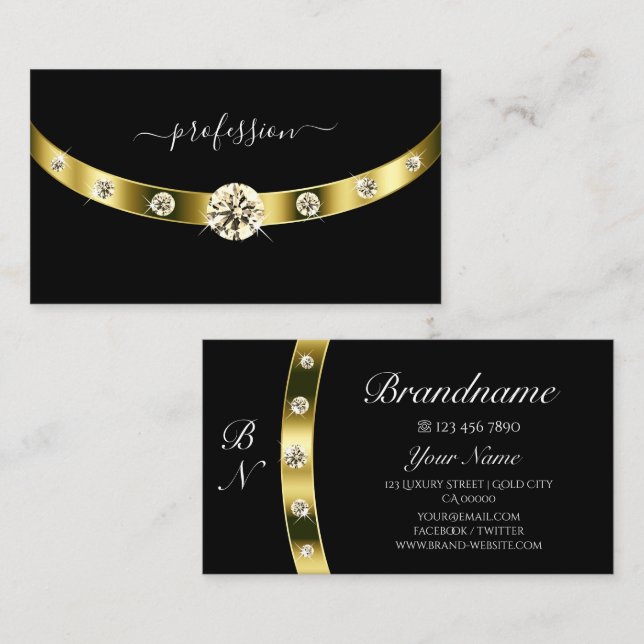 Luxus Schwarz und Gold mit Monogram Beruflich Visitenkarte (Vorne/Hinten)
