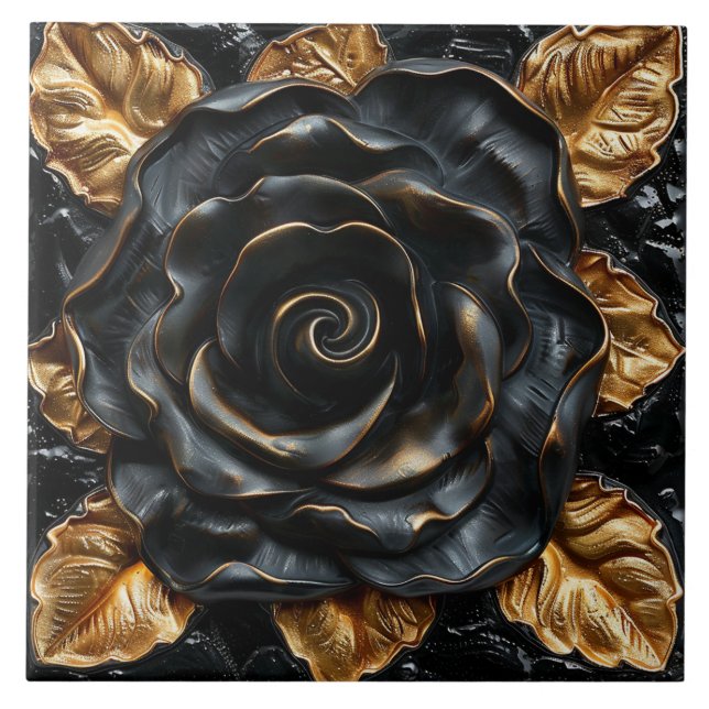 Luxus Schwarz und Gold Rose Fliese (Vorderseite)