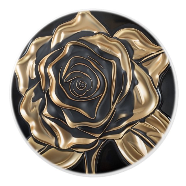 Luxus Schwarz und Gold Rose Keramikknauf (Vorderseite)