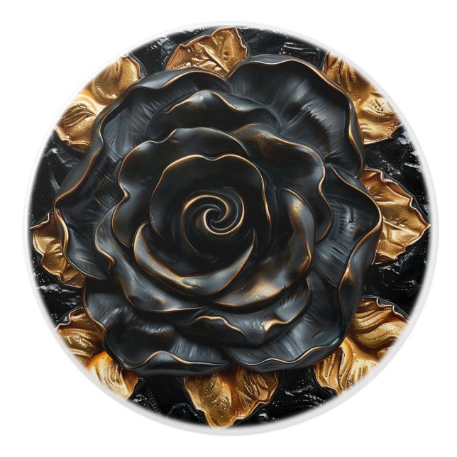 Luxus Schwarz und Gold Rose Keramikknauf (Vorderseite)