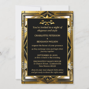 Luxus-Schwarze & Gold-Gatsby-Art-Deco-Hochzeit der Einladung