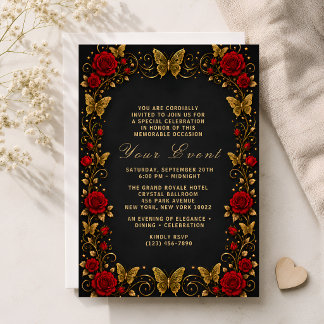 Luxus-Schwarze-Gold-Rote-Rose-Schmetterling-Verans Einladung