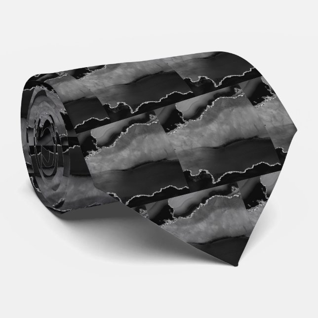 Luxus-Schwarze Silber-Faux-Glitter-Faux-Seide Krawatte (Gerollt)
