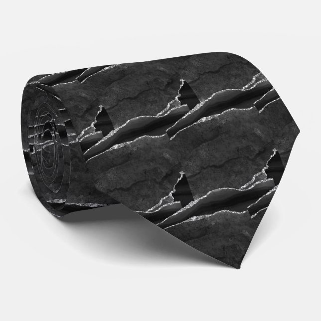 Luxus-Schwarze Silber-Faux-Glitter-Faux-Seide Krawatte (Gerollt)