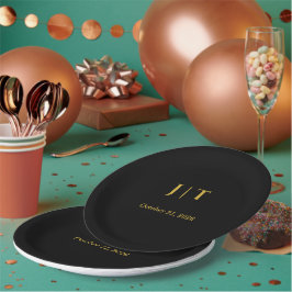 Luxus-Schwarze-und-goldene-Monogramm-Hochzeitspapi Pappteller