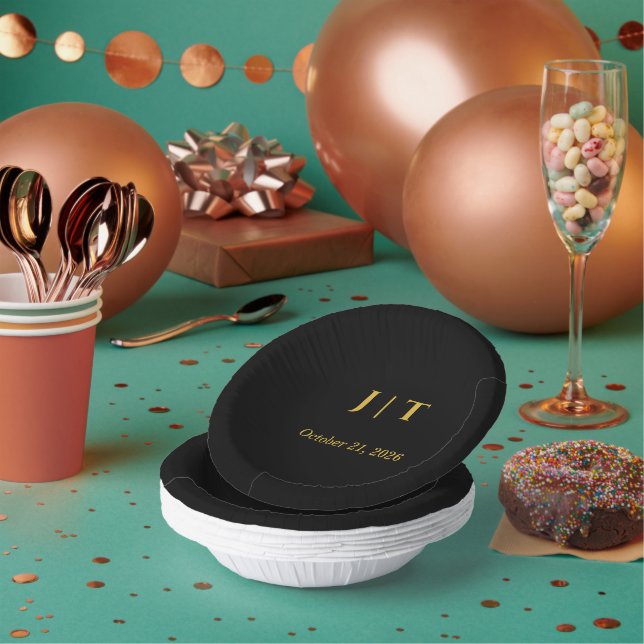 Luxus-Schwarze-und-goldene-Monogramm-Hochzeitspapi Pappteller (Multi)