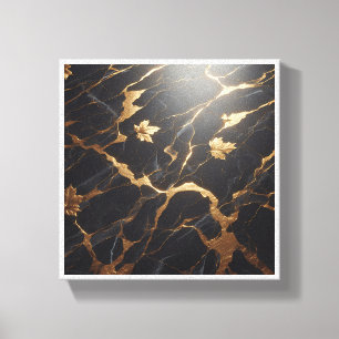 Luxus-Schwarzer Marmor mit goldenen Blättern - Kin Leinwanddruck