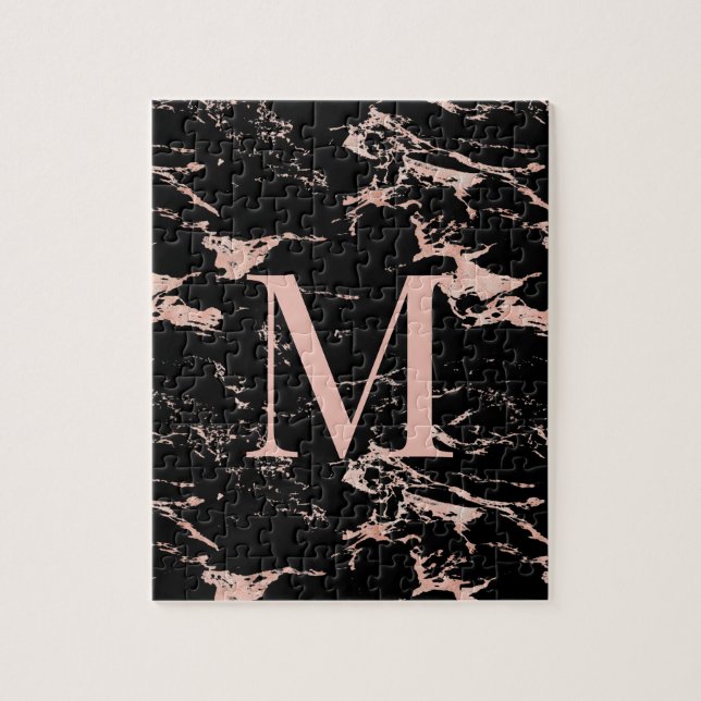 Luxus Schwarzer Marmor Rose Gold Foil Monogramm Puzzle (Vertikal)