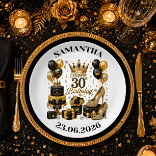 Luxus-Schwarzes-Gold-Glitter-Dreißig-Party-Tellers Pappteller