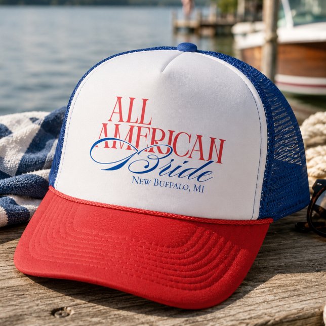 Luxus-Script All American Bride Bachelorette Truckerkappe (Patriotic All American Bride Bachelorette Trucker Hat)