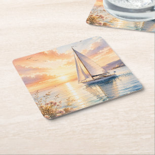 Luxus-Segelboot bei Sonnenaufgang Aquarell Rechteckiger Pappuntersetzer