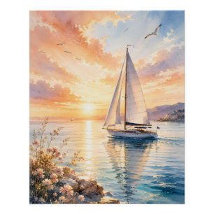 Luxus-Segelyacht bei Sonnenaufgang Aquarell Poster