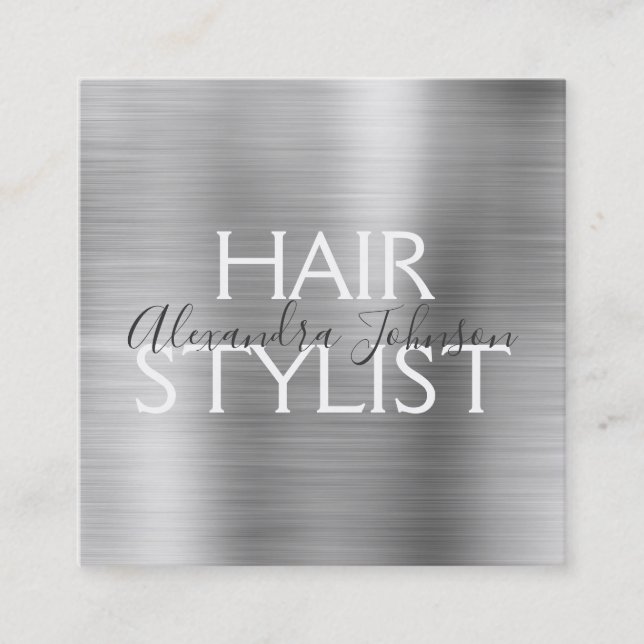 Luxus Silber Brushed Metal Haar Stylist Quadratische Visitenkarte (Vorderseite)
