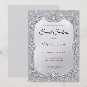 Luxus Silber Strass Glitter süße 16 Einladung
