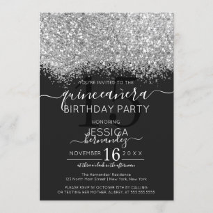 Luxus Silver Black Glitzer Confetti Quinceañera Einladung
