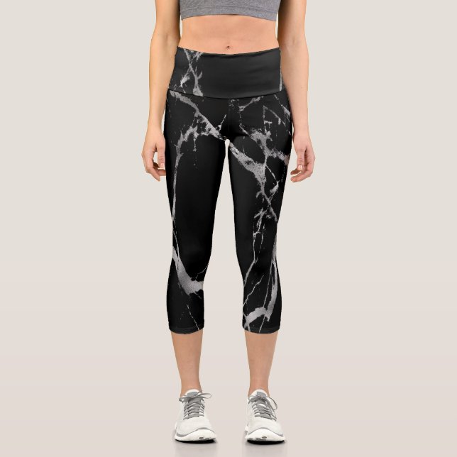 Luxus Silver Black Marmor Capri Leggings (Vorderseite)