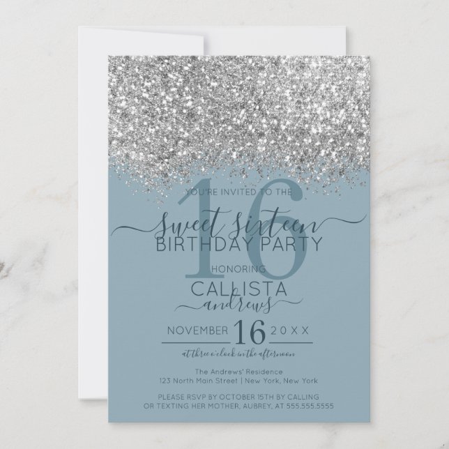 Luxus Silver Blue Glitzer Confetti Sweet 16 Einladung (Vorderseite)