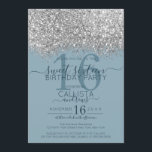 Luxus Silver Blue Glitzer Confetti Sweet 16 Einladung<br><div class="desc">Das elegante, glamouröse und moderne 16 . Geburtstag Geburtstagsfest lädt zum zeitgenössischen und stilvollen Teenager ein. Es verfügt über ein Imitat gedruckt silber funkelnd Glitzer Konfetti gesprenkelt Farbe Block auf einem einfachen staubblauen Hintergrund mit einer großen Zahl "16" in einem passenden rosa goldfarbenen Ton. Die Rückseite zeigt den gleichen Glitzer,...</div>