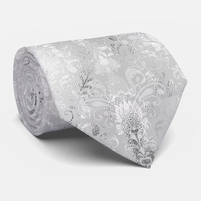 Luxus Silver Foil Damask Muster Krawatte (Gerollt)