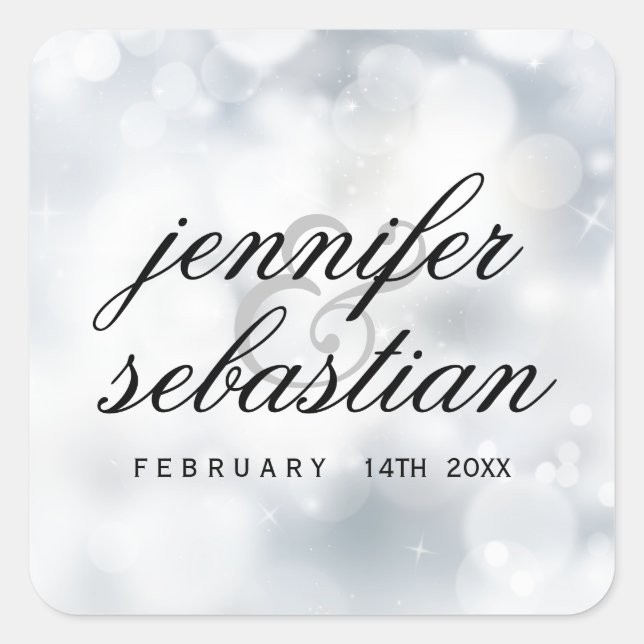 Luxus Silver Glitzer Lights Wedding Monogramm Quadratischer Aufkleber (Vorderseite)