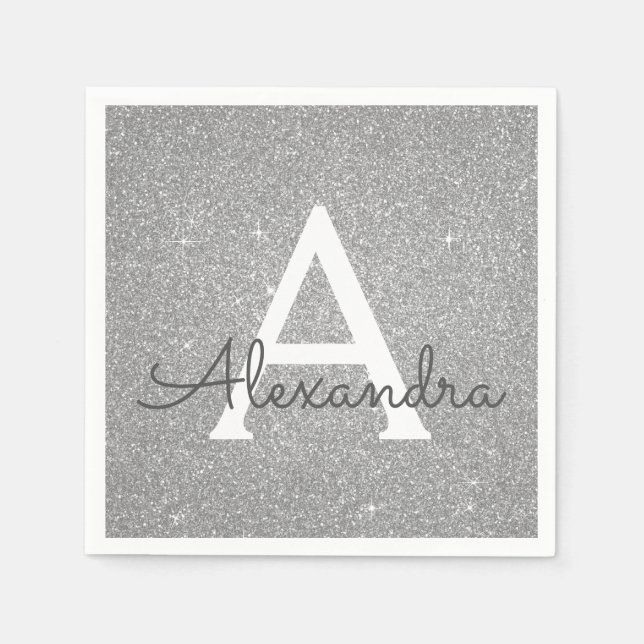 Luxus Silver Glitzer & Sparkle Monogram Geburtstag Serviette (Vorderseite)