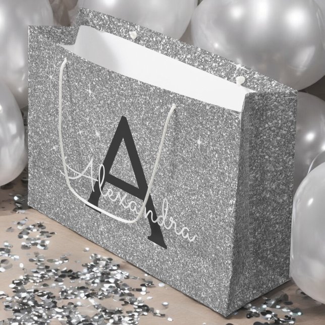 Luxus Silver Glitzer & Sparkle Monogram Große Geschenktüte (Von Creator hochgeladen)