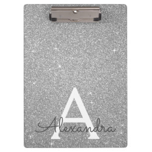 Luxus Silver Glitzer & Sparkle Monogram School Klemmbrett