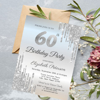 Luxus Silver Glitzer Tropfen 60. Geburtstag Einladung