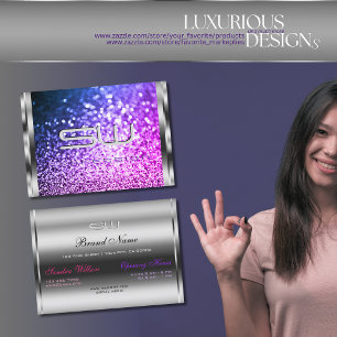 Luxus Silver Sparkle Pink Lila Glitzer Initialen Visitenkarte