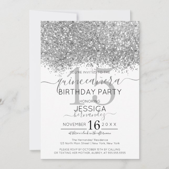 Luxus Silver White Glitzer Confetti Quinceañera Einladung (Vorderseite)
