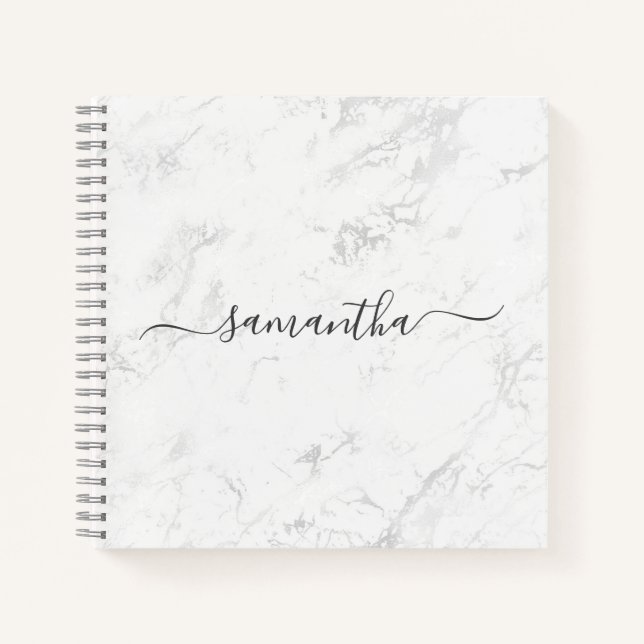 Luxus Silver White Marble Signature Name Notizbuch (Vorderseite)