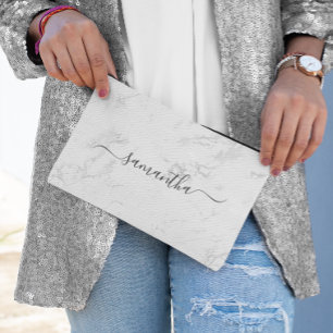 Luxus Silver White Marble Signature Name Zubehörtasche
