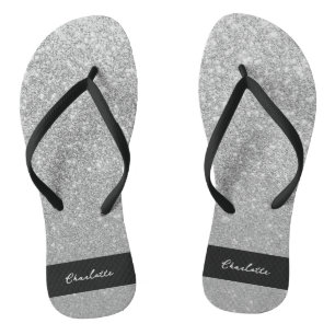 Luxus Sparkle Silver Glitzer Name Flip Flops