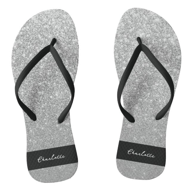 Luxus Sparkle Silver Glitzer Name Flip Flops (Fußbett)