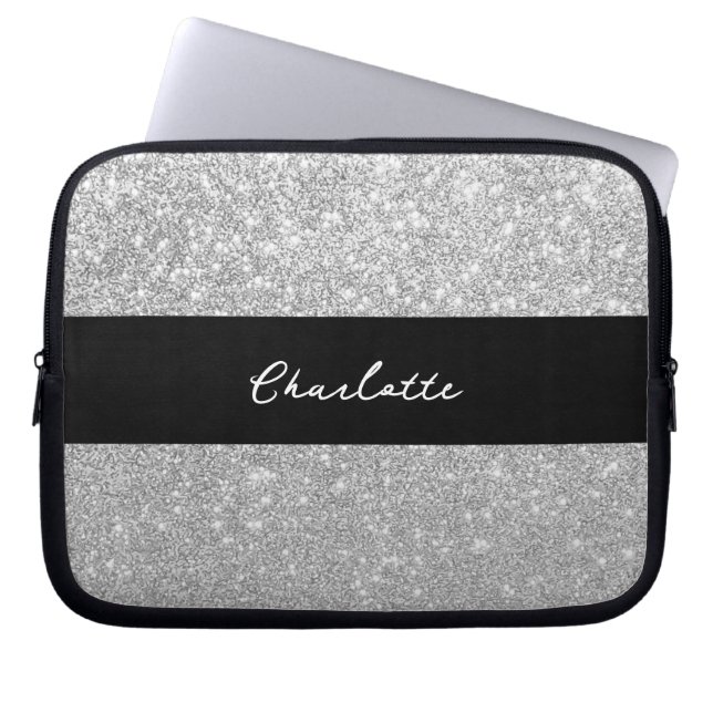 Luxus Sparkle Silver Glitzer Name Laptopschutzhülle (Vorderseite)