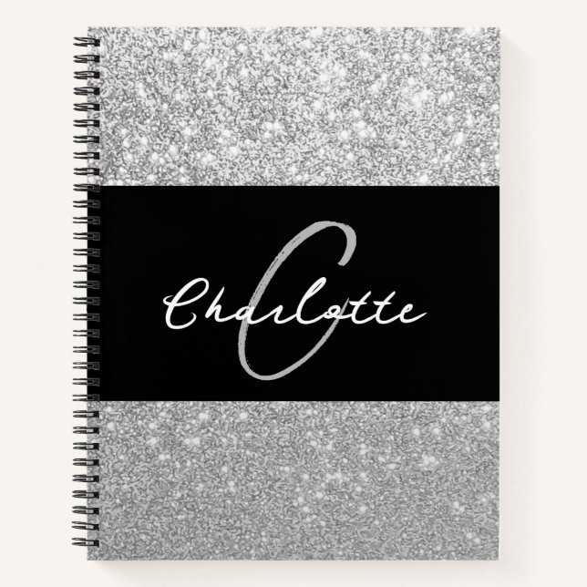 Luxus Sparkle Silver Glitzer Name Notizbuch (Vorderseite)