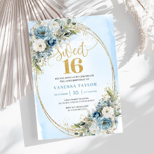Luxus-Staubblau-Blumen-Sweet-Sixteen-Geburtstag Einladung