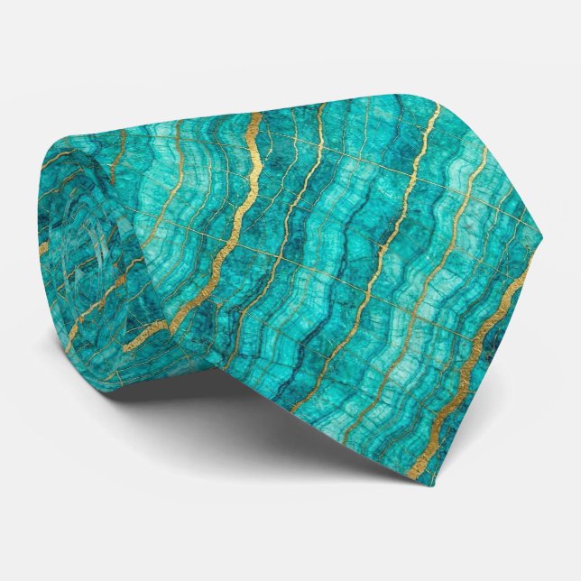 Luxus Stein Krawatte | Türkis, Teal & Gold Marmor (Gerollt)