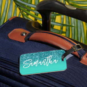 Luxus-Teal-Glitter-Turquoise-Ombre-Personalisiert Gepäckanhänger