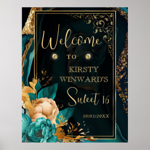 Luxus-Teal- und Gold-Blumen-Achat-Sweet-16-Willkom Poster