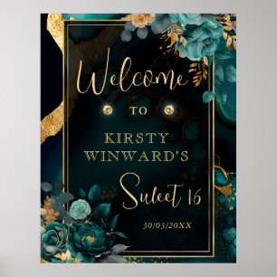 Luxus-Teal- und Gold-Blumen-Achat-Sweet-16-Willkom Poster