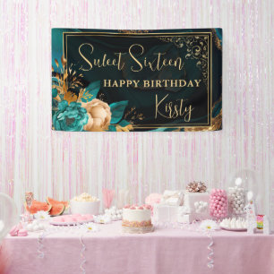 Luxus-Teal- und Gold-Blumen-Agate-Sweet-16-Willkom Banner