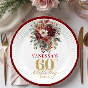 Luxus-Tiefrot-Gold-Blumen 60. Geburtstag Papier-Te Pappteller