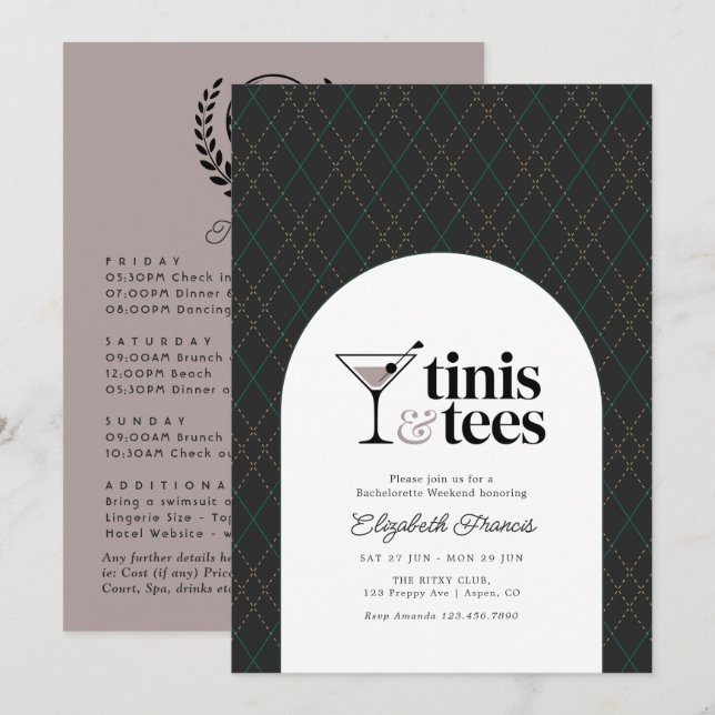 Luxus-Tinis und Golfabschied Wochenende Einladung (Vorne/Hinten)