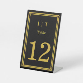 Luxus-Tischnummer Hochzeit Schwarz & Gold Monogram Sockelschild