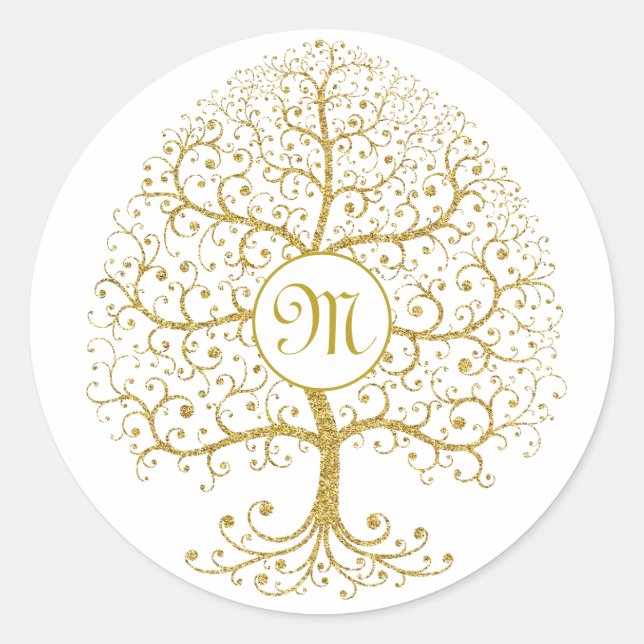 Luxus Tree of Life Gold Modernes Monogramm Runder Aufkleber (Vorderseite)