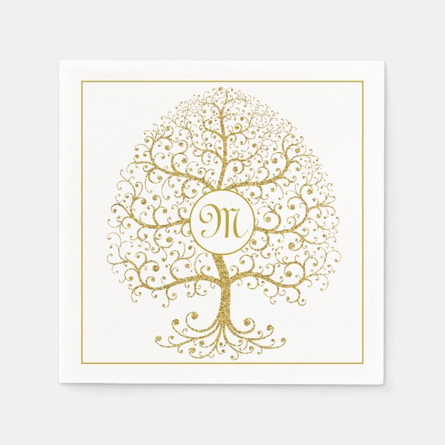 Luxus Tree of Life Gold Monogram Modern Serviette (Vorderseite)